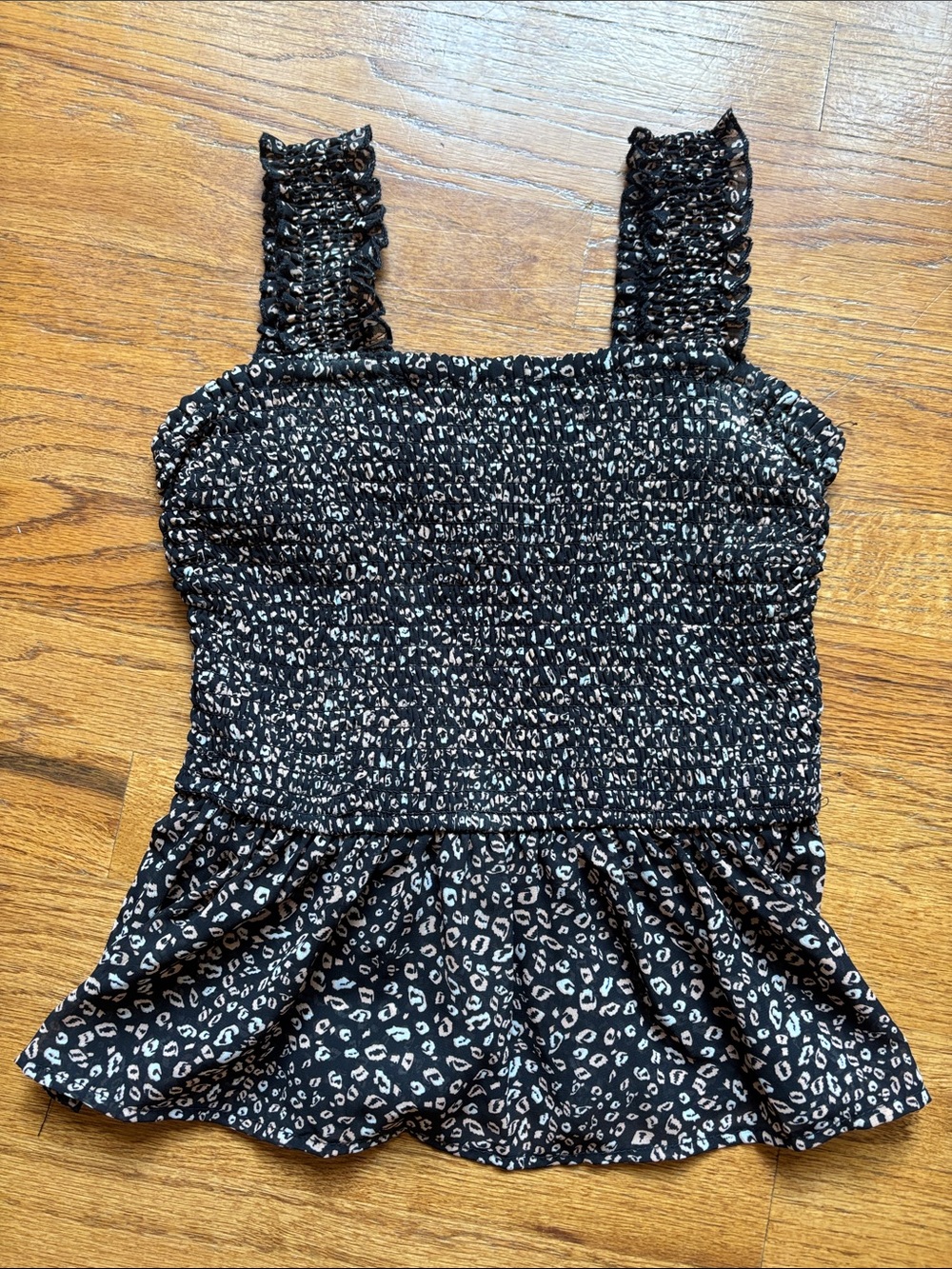 Black Smocked Leopard-Print Peplum Tank Top